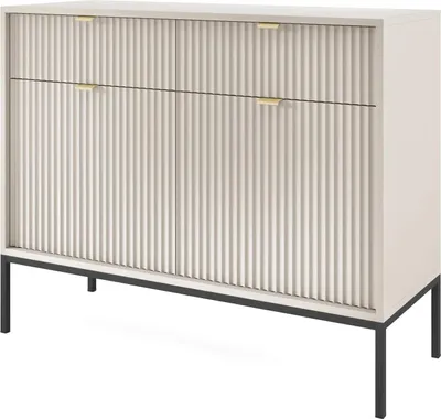 Produktbild von Kommode Kioto 104 cm Kaschmir Beige & Schwarz – Rillenfront, Goldene Griffe, 2 Türen, 2 Schubladen