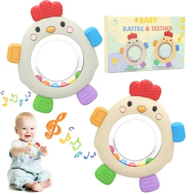 Image de Lot de 2 jouets pour bébé Beissring : hochet, silicone sans BPA, anneau de dentition à partir de 3 mois, idéal pour soulager les poussées dentaires, pour garçons et filles