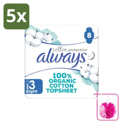 Imagen del producto de 5 paquetes de toallas sanitarias nocturnas Always Baumwolle Protection con alas, 100% algodón orgánico, pack económico, 5 unidades por paquete