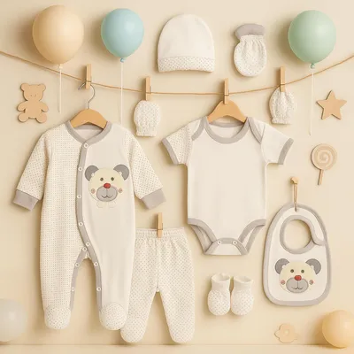 Produktbild von Blue Eyes Baby Geschenk Set 6-teilig, 100% Baumwolle, , geborenen Erstausstattung 0–4 Monate, Grau