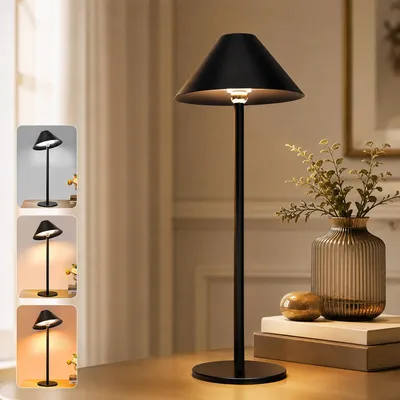 Produktbild von LED Tischlampe Akku 4000mAh, Kabellose Tischleuchte, 360° Magnetisch Schwenkbar, 3 Lichtfarben, Stufenlos Dimmbar Nachttischlampe, Schwarz