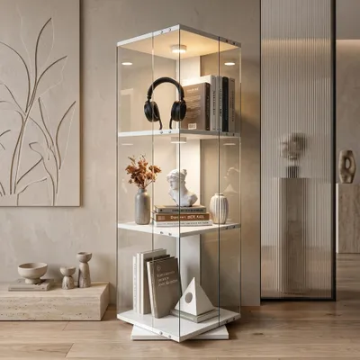 Produktbild von INONEFT Glasvitrine mit LED, Vitrinenschrank mit 3-stufigen Einlegeböden, Sammlervitrine mit drehbarer Sockel, für Sammlerstücke Bücher Wein, Weiß