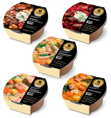 Produktbild von BARIN in 5 Minuten fertig 5er Box Suppenklassiker | Hühnerbrühe, Erbsensuppe, Borschtsch, Soljanka, Lachssuppe | tiefgekühlt schockgefroren 5 × 300 g