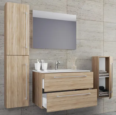 Produktbild von VCM 5-tlg. Set | 1 Waschtisch mit zwei Schubladen, 1 Spiegel, 1 Waschbecken, 1 Midischrank, 1 Hochschrank | Keramik Waschbecken | hängend Unterschrank 80 cm | Badmöbel Set Waschplatz – Badinos