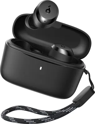A pair of black wireless earbuds with their charging case, with one earbud placed inside the case and the other resting on top.