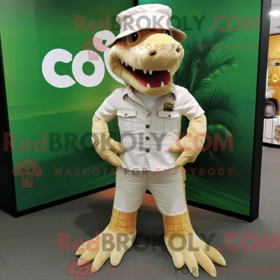 Produktbild von Maskottchen REDBROKOLY eines cremefarbenen Krokodils mit Bootcut-Jeans und Anstecknadeln
