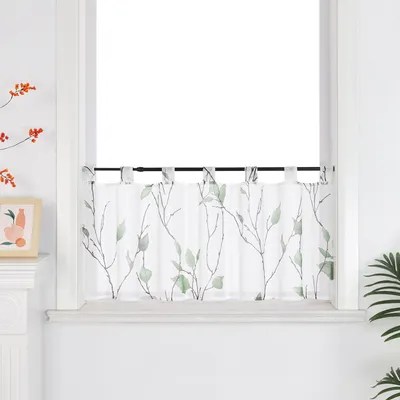 Produktbild von Joyswahl Scheibengardine mit Schlaufen Bistrogardine mit Zweigen und Blättern Muster Voile kleine Kurzstores landhausstil für Küche 1 Stück, Grün H30xB90cm