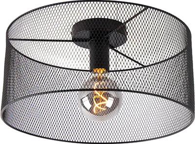 Produktbild von QAZQA - Industrie I Vintage I Industrie I Vintage I Deckenleuchte I Deckenlampe I Lampe I Leuchte schwarz - Drum mit Schirm Mesh I Wohnzimmer I Schlafzimmer - Stahl Rund - LED geeignet E27