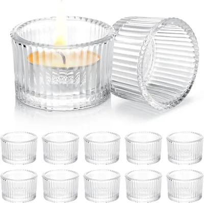 Immagine prodotto di 12 portacandele in vetro, dimensioni 4,5 x 3,5 cm, vetro trasparente per candele, portacandele vintage per decorazioni da tavolo