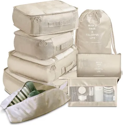 Produktbild von 8 Teilige Koffer Organizer Packing Cubes Packwürfel Aufbewahrungsbeutel Kleidung Schuh Tidy Pouch Bag für Urlaub und Reisen, Tragbarer Packbeutel Kleidertaschen, Beige
