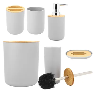 Image de Ensemble de salle de bain 6 pièces comprenant un porte-savon, un porte-brosses à dents, un gobelet pour bain de bouche et un flacon de lotion, gris