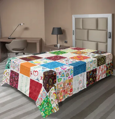 Produktbild von ABAKUHAUS Retro Bettlaken, Großes Patchwork Der Muster Traditionell Klassisch Altmodisch Und Festlichen, weiches bequemes oberes Bettlaken für ein Nachbildungatives Bett 1 Stück 260 cm x 168 cm, Mehrfarbig