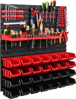 Obrázek produktu pro Skladovací systém Dílenské regály | 78 x 78 cm | 28 ks. Box | Nástěnný regál s držáky na nářadí a stohovatelnými boxy – Nástěnné desky Extra silné regály s přihrádkami Nástěnná deska s otvory pro nářadí Skladovací regál Garážový regál