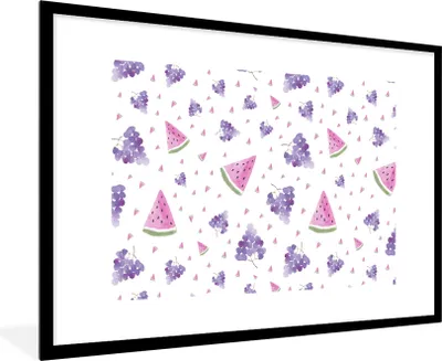 Produktbild von MuchoWow® Gerahmtes Poster Weintrauben - Wassermelone - Pastell 90x60 cm - Poster mit Schwarzem Bilderrahmen Wandposter Rahmen Foto Bilder - Wanddekoration - Fotos