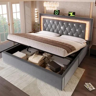 Productafbeelding van Boxspringbed 180x200, fluweel, LED-diamantstrepen, USB & USB-C, hydraulische opbergruimte, lattenbodem, zonder matras.