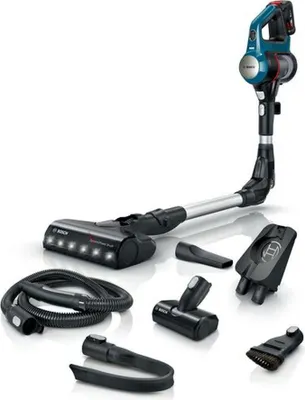 A cordless vacuum cleaner and its accessories are displayed on a white background.