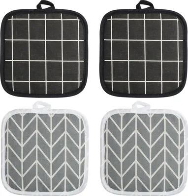 Produktbild von 4er Set Hitzebest?ndige Topflappen aus Baumwolle, 17x17 cm, Waschbar und Trocknergeeignet, Kš¹chenzubeh?r zum Kochen und Backen - fš¹r Hei?e T?pfe und Pfannen, Schwarz und Grau