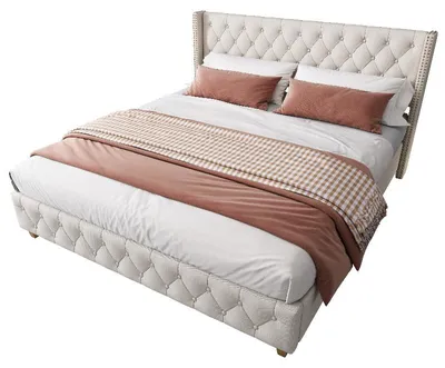 Immagine prodotto di Letto imbottito 160x200 cm, color beige, rivestito in lino beige, con rete a doghe, testiera imbottita, ideale per la camera da letto