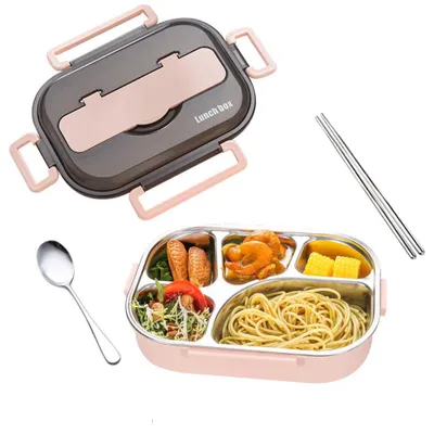 Image de Boîte à lunch en acier inoxydable à 2/3/4/5 compartiments, avec baguettes et cuillère, boîte à bento pour la randonnée, les voyages, l'école ou le bureau (rose, 5 compartiments)