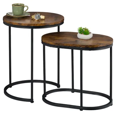 Imagen del producto de Relaxdays, juego de dos mesas auxiliares, ovaladas y redondas, con aspecto de madera, metal, ideales para el salón, diseño industrial, color marrón/, Imagen generada por IA