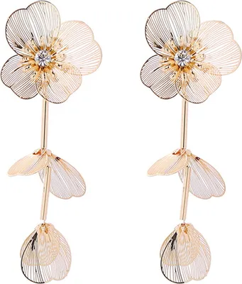 Produktbild von 1 Paar Damen Hängeohrring Blütenblatt Blume Form Strass Poliert Dekor Legierung Galvani Ohrschmuck Lady Prom Cocktail Party Lange Baumeln Ohrring