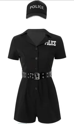 Produktbild von Damen Polizei Kostüm – Polizistin Uniform Einteiler Gr. XL Jumpsuit mit Hut & Gürtel – Schwarz –Party, Fasching, Karneval & Halloween Outfit