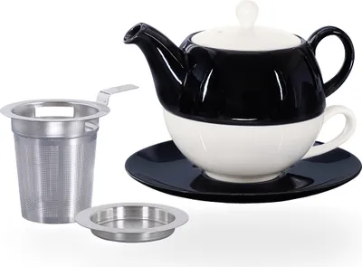 Produktbild von Buchensee Tea for one Set / Teeset Lena, Teekanne 500ml mit Sieb, Teetasse, Untertasse und Abtropfschale, schwarz, Crystal Bone China Porzellan