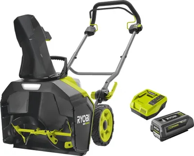 A Ryobi snow blower with two batteries.