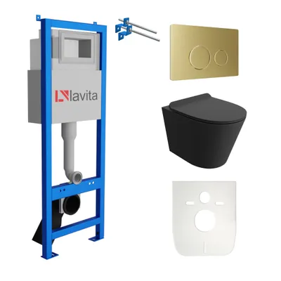 Produktbild von Lavita LAV 101 Vorwandelement für WC 40cm + Wand Hänge Tiefspül WC GALVE Schwarz Spülrandlos + Bedienplatte LAV 200.4.5 Gold | Komplettset | Unterputz Spülkasten | Toilette Komplett Sett