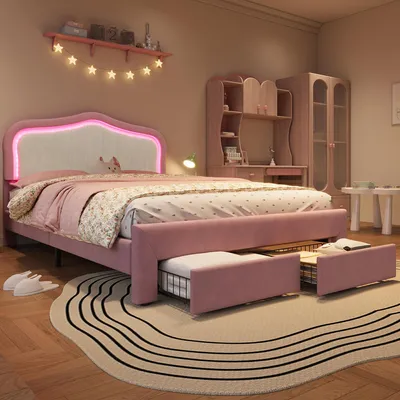 Produktbild von Kinder-Polsterbett 140x200cm, rosa Polsterbett mit 2 Schubladen und App-gesteuerter LED-Beleuchtung, Samt, weiße Rückenlehne fürs Kinderzimmer