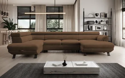 Zdjęcie produktu dla DomoHome ECKSOFA RAVEN XL - Narożnik z funkcją spania z wysuwanym łóżkiem, regulowane zagłówki, pojemnik na pościel, duża sofa 334x198x162 cm lewa strona rdza