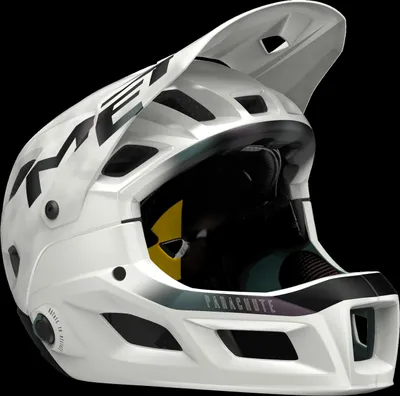 A white full-face helmet with black branding and accents, set against a black background.