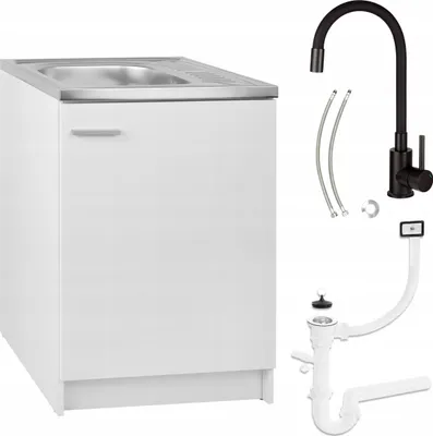Obrázek produktu pro Bílá kuchyňská skříňka 60x60 + dřez + Deante baterie Černý flexibilní sifon