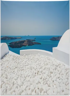 Produktbild von Abakuhaus Landschaft Wandteppich, Santorini Insel Griechenland aus Weiches Mikrofaser Stoff Kein Verblassen Klare Farben Waschbar, 110 x 150 cm, Türkis und Weiß