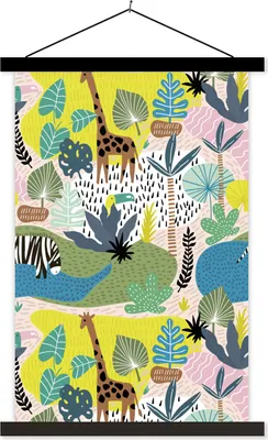 Produktbild von MuchoWow® Textilposter Dschungel - Muster - Tiere - Pflanzen 60x90 cm mit schwarzem Rahmen - Poster Wohnzimmer