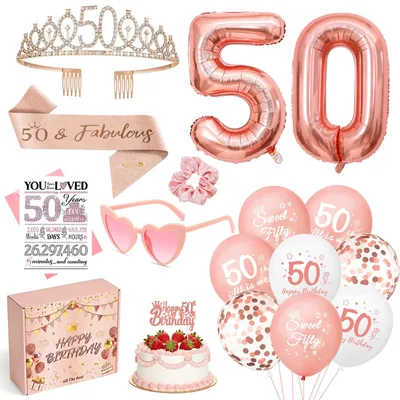 50. Geburtstag Deko Set Roségold – Krone, Schärpe, Ballons