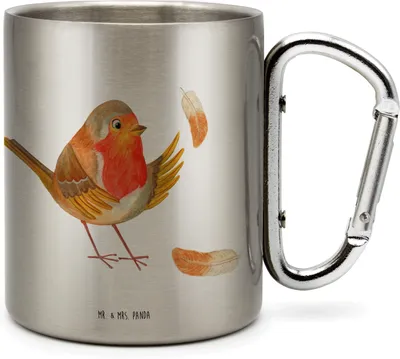 Produktbild von Mr. & Mrs. Panda Teetasse Rotkehlchen Federn - Transparent - Geschenk, Thermobecher, Lustige Sprüche, Edelstahlbecher, Campingbecher, Trinkbecher Edelstahl, Motivation