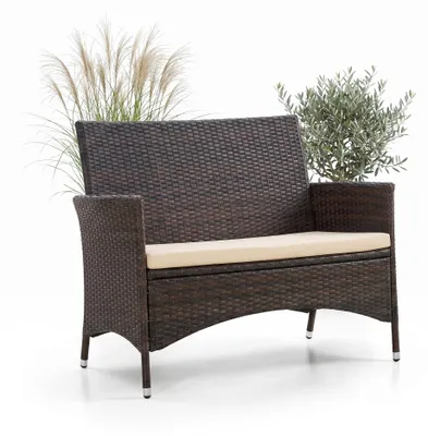 Immagine prodotto di Panca da giardino Mucola panca in polyrattan nero/marrone con cuscino panca in legno beige panca a 2 posti sedile cuscino panca da parco