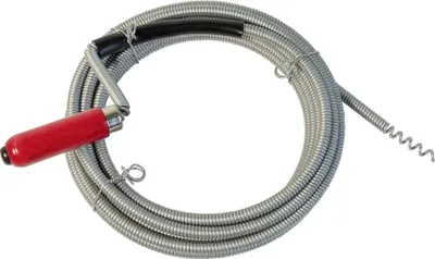 A coiled drain cleaning snake with a red handle.
