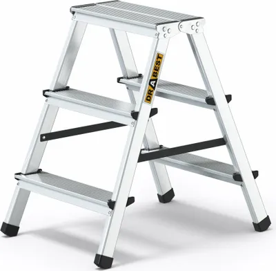 A silver, three-step folding ladder with black anti-slip feet and black support bars.
