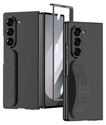 A black phone case with a built-in strap and a screen protector, shown from two angles.