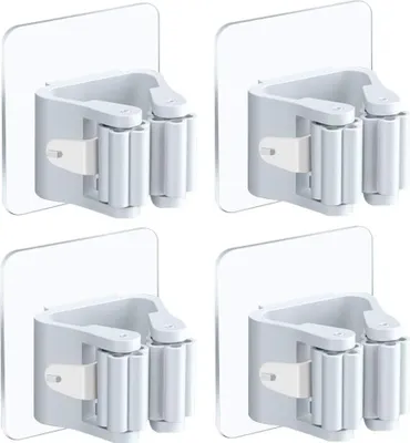 Produktbild von Besenhalter, 4er-Pack, ohne Bohren, Wandmontage, selbstklebender Mopphalter, Haken für Schränke, Küche, Bad, Garten, Haus, Garage