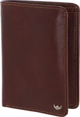 A brown leather wallet is shown from the front, slightly open to reveal the inside.