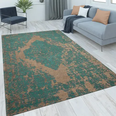 Produktbild von Teppich Kurzflor Vintage Wohnzimmer schmutzabweisend Türkis Rechteckig 160x230 | 65% Polyacryl, 20% Baumwolle, 15% Polyester | Florhöhe: 9 mm