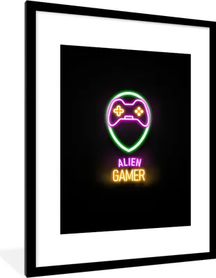Produktbild von MuchoWow® Gerahmtes Poster Gaming - Zitate - Neon - Alien-Gamer - Controller 60x80 cm - Poster mit Schwarzem Bilderrahmen Wandposter Rahmen Foto Bilder - Wohnzimmer - Dekorationen - Prämie