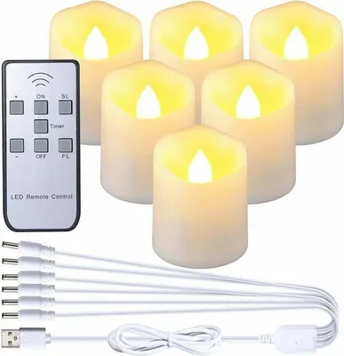 A set of six LED candles with a remote control and USB charging cables, arranged on a white background.