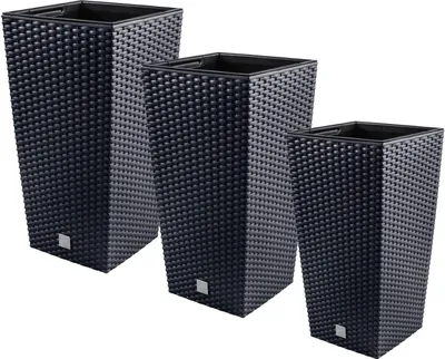 Produktbild von PAFEN 3in1 Set 3X Blumentopf Blumenkübel Rattan-Optik Schwarz Pflanztopf inkl. Einsatz XL-Set