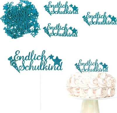 Produktbild von Oblique Unique Schuleinführung Schulanfang Einschulung Deko Set - Torten Topper + Konfetti Set Endlich Schulkind türkis