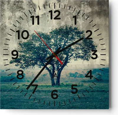 Produktbild von Wanduhr - Quadrat - Glasuhr - Baum Natur Feld - 40x40cm - Schleichendes Uhrwerk - Lautlos - zum Aufhängen bereit - Dekoration Modern - Wanddekoration aus Glas - C4AC40x40-3627