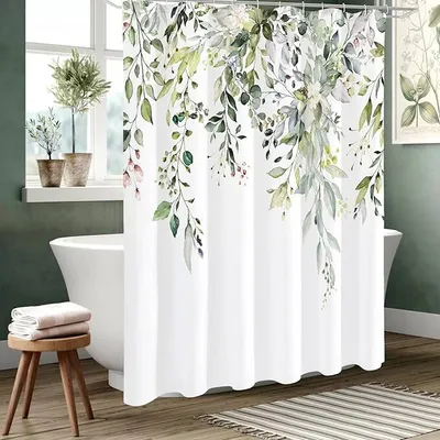 Produktbild von Duschvorhang Badewannenvorhang, mit Eukalyptus Motiv, mit floralem Badezimmerdekor, wasserdichtes aus Stoff mit Haken, 180 x 200 cm, Weiß